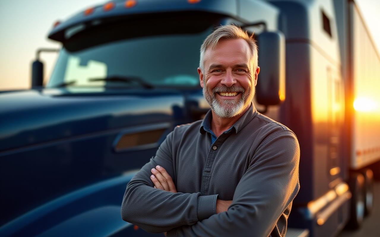 Professional truck driver smiling in front of a modern heavy-duty vehicle