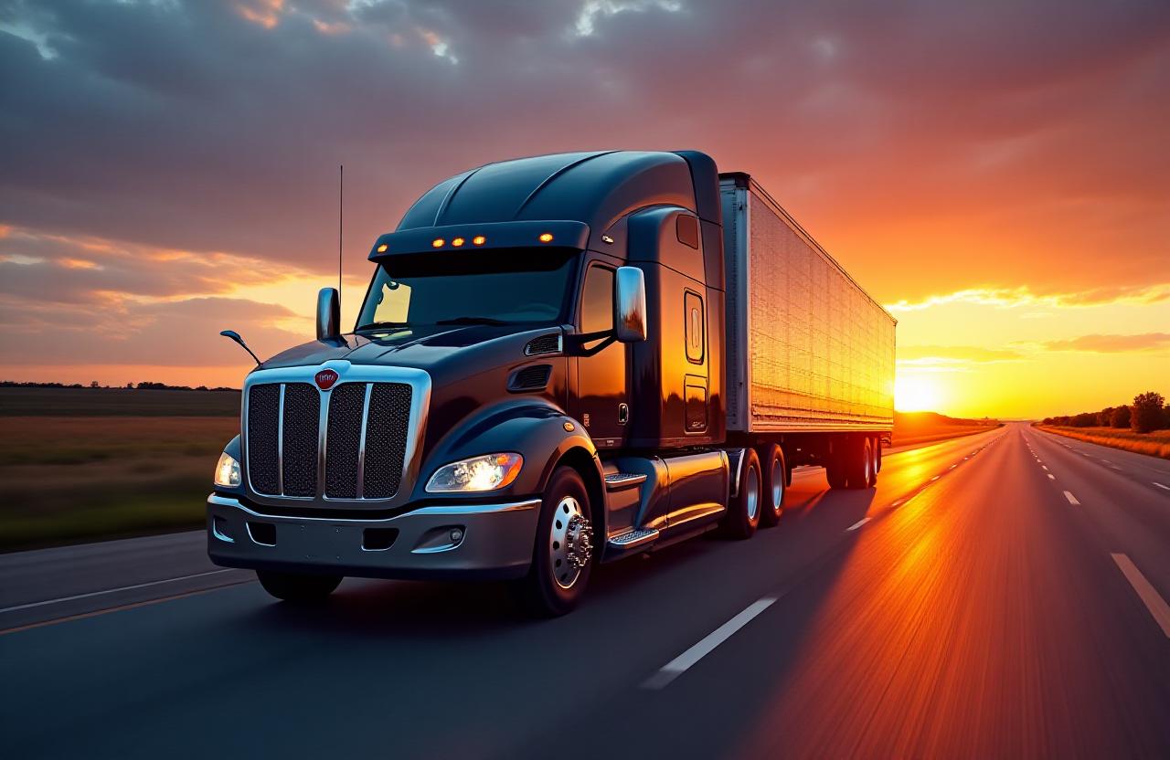 High-speed logistics truck on a Texas highway at sunset