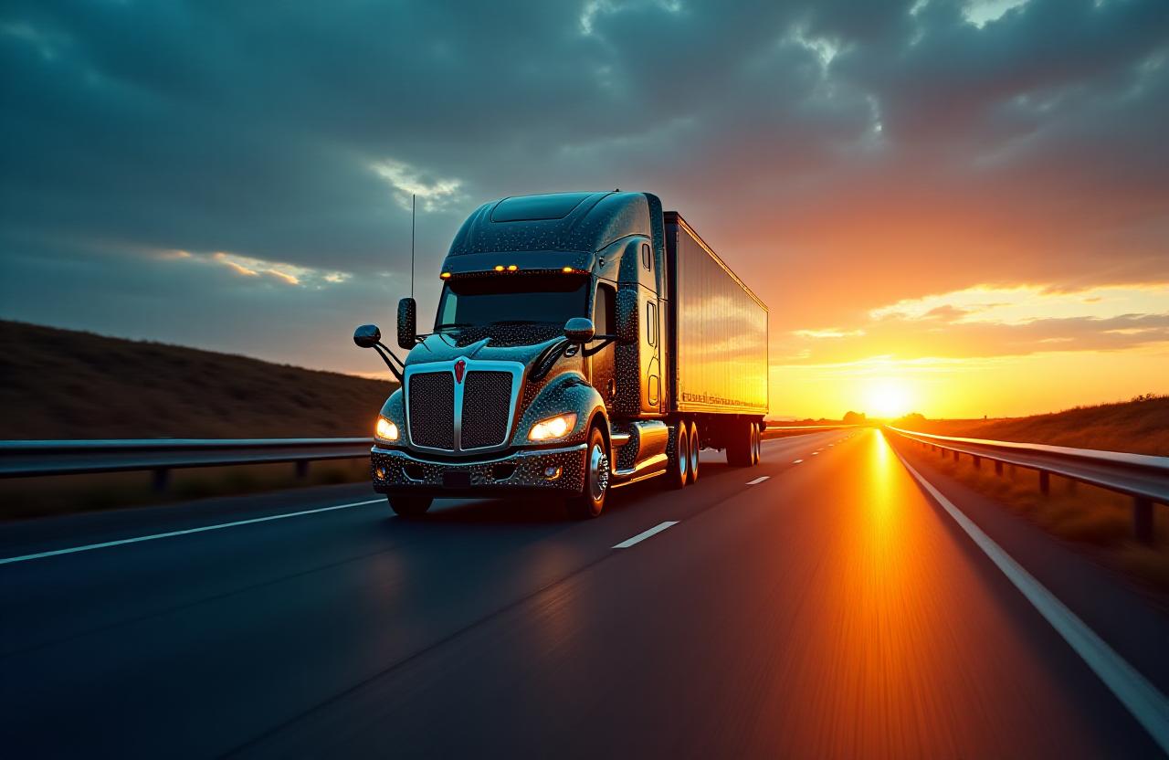 Modern heavy-duty truck with futuristic interface overlay