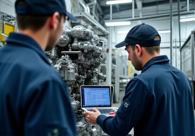 Professional maintenance team working on a large diesel engine